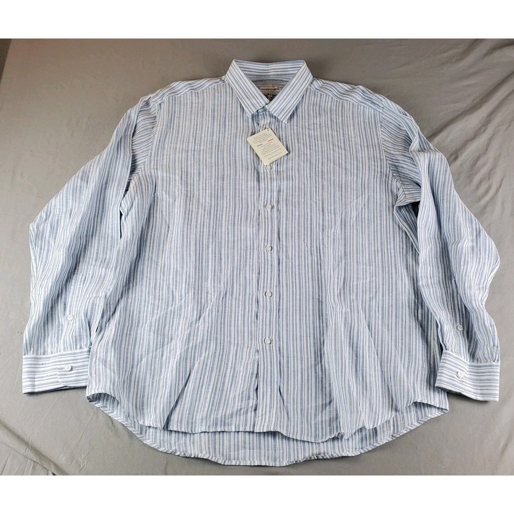 Mario Romano Shirt Mens XXL Blue Striped Linen Button Up Long Sleeve Italy New
